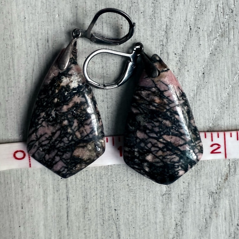 RHODONITE EARRINGS/Pink And Black Earrings/Pink Black Stone Jewelry - Picture 9 of 9